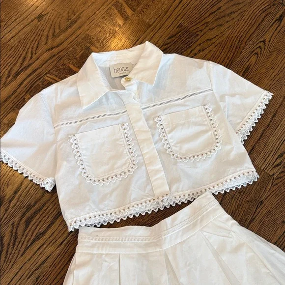 Benaar Los Angeles White Two-Piece skirt Set with ric rac Trim, xS